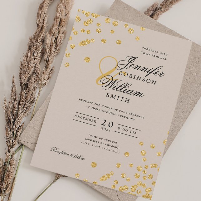 Convites Champanhe Dourado Confetti de Casamento de Script  (Elegant Script Wedding Gold Confetti Champagne Invitation)