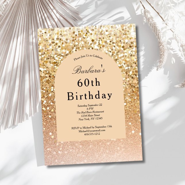Convites Champanhe Dourado, cor-de-rosa, 60º Aniversário (Champagne Gold Blush pink Glitter 60th ( or any year ) Birthday invitation. Printed or digital )