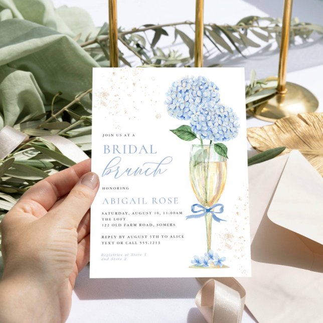 Convites Champanhe Dourado de Brunal Azul Hydrangea Bridal (Criador carregado)