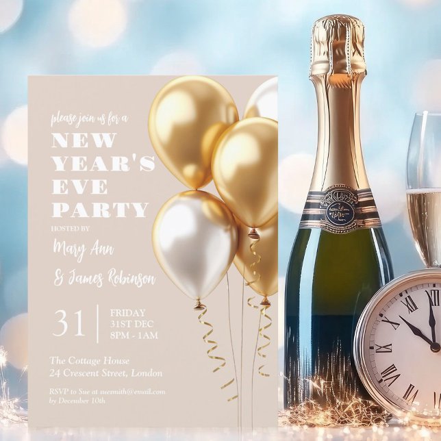 Convites Champanhe Dourado do Partido da Véspera de ano nov (MODERN New Years Eve Party Gold Balloons Champagne Invitation)