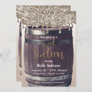 Convites Champanhe Dourado Glitter Drip Rustic Sweet 16 Par
