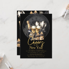 Convites Champanhe Dourado Negro Celebração do Ano Novo