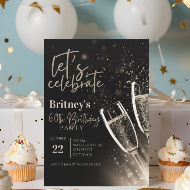 Convites Champanhe Dourado preto 60ª Festa de aniversário (Criador carregado)