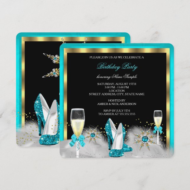 Convites Champanhe Dourado Preto com Alteza Leve Alta (Frente/Verso)