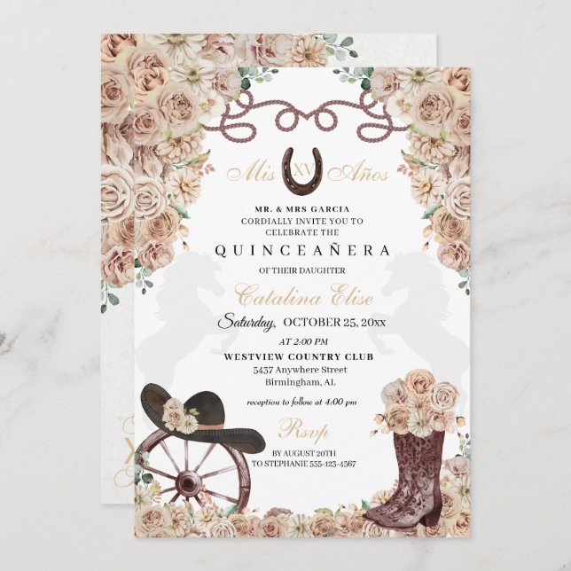 Convites Champanhe Dourado Western Charro Boots Quinceanera (Frente/Verso)
