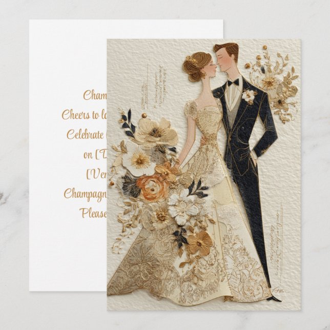 Convites Champanhe e anos | Brilho Dourado (Frente/Verso)