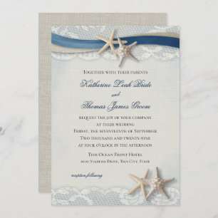 Convites Champanhe e Marinho Blue Vintage Beach e Lace