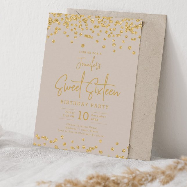 Convites Champanhe Elegante Dourado Confetti Sweet 16 (Elegant Gold Glitter Confetti Sweet 16 Champagne Invitation)