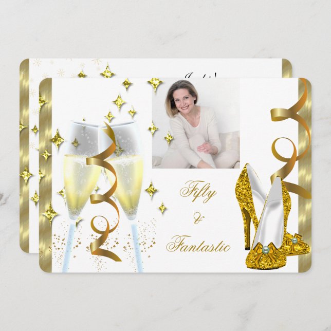 Convites Champanhe Elegante Fantástico 50 Heels Foto Dourad (Frente/Verso)