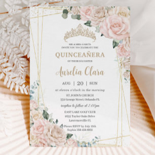 Convites Champanhe Elegante Ivory Blush Floral Quinceañera