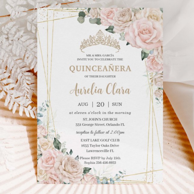 Convites Champanhe Elegante Ivory Blush Floral Quinceañera (Criador carregado)