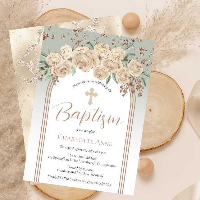 Convites Champanhe Elegante | Sage Floral Baptism (Elegant Champagne Roses and Sage Floral Baptism Invitation)