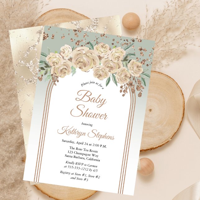 Convites Champanhe Elegante | Sage Floral Chá de fraldas (Elegant Champagne Roses and Sage Green Floral with Faux Rose Gold Glitter Baby Shower Invitation)