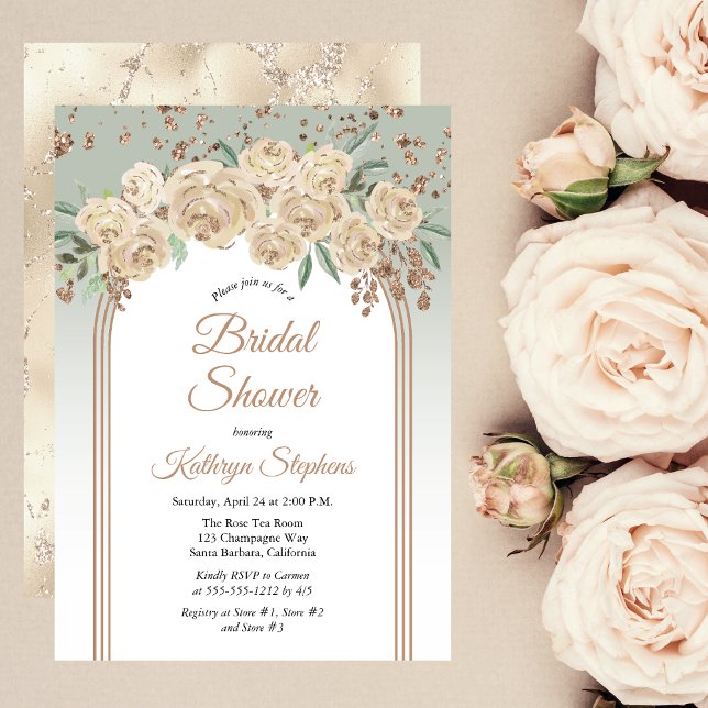 Convites Champanhe Elegante | Sage Floral Chá de panela (Champagne Roses and Sage Green Floral Bridal Shower Invitation with Faux Rose Gold Glitter Accents)