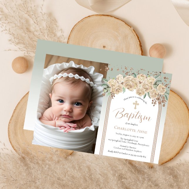 Convites Champanhe Elegante | Sage Floral Photo Baptism (Elegant Champagne Roses and Sage Floral Photo Baptism Invitation)