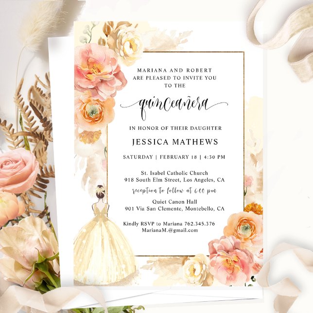 Convites Champanhe Floral Princesa Quinceañera (Criador carregado)