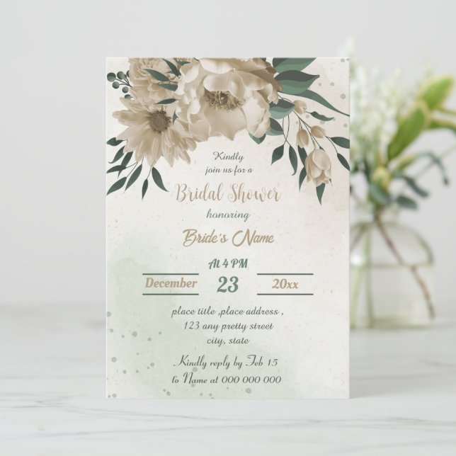 Convites champanhe flores chá de panela verde (Em pé/Frente)