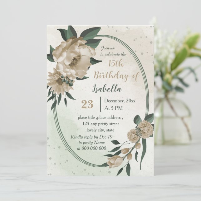 Convites champanhe floresce aniversário verde (Em pé/Frente)
