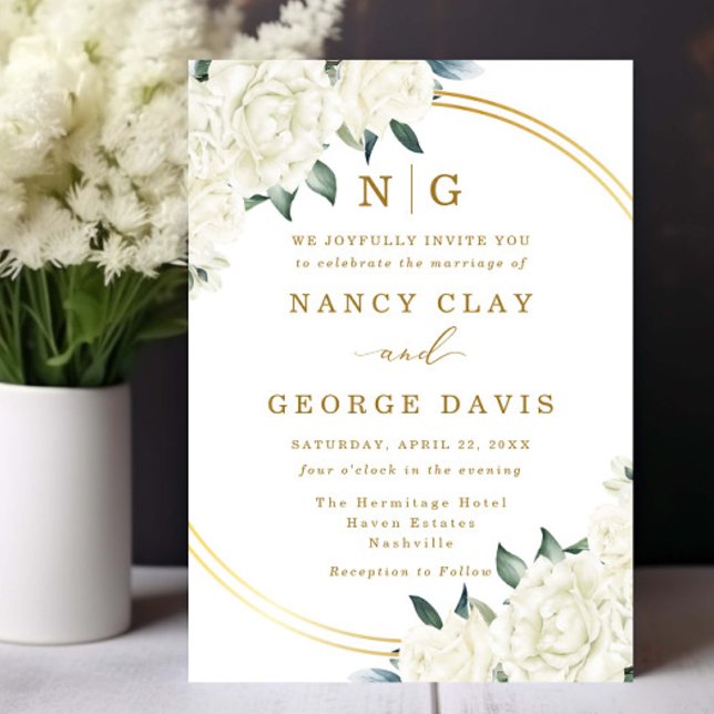 Convites Champanhe Ivory Floral Greenery Monograma Casament (Criador carregado)