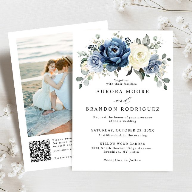 Convites Champanhe Marinho Azul de Dusty Casamento com Códi (Dusty blue champagne ivory floral QR code Photo wedding invitation)