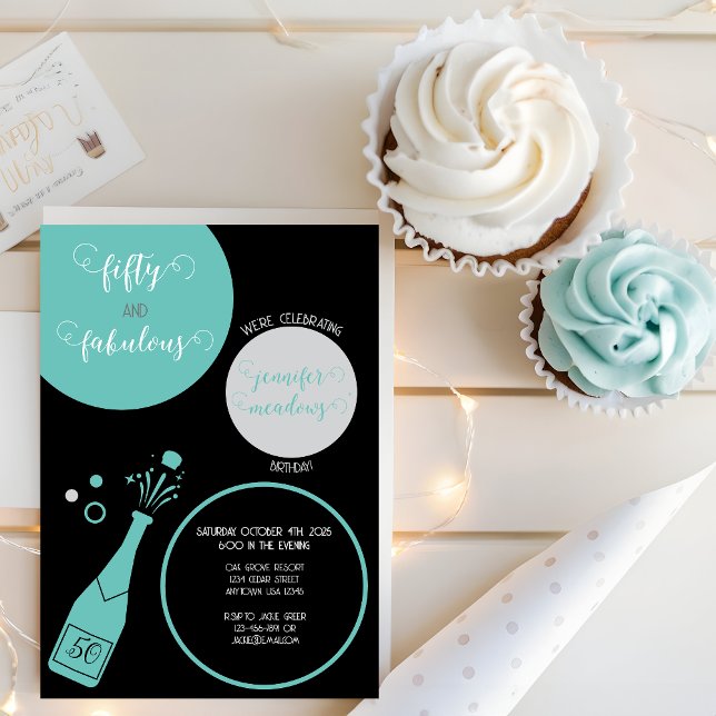Convites Champanhe Negro Teal 50 e aniversário fabuloso (Criador carregado)