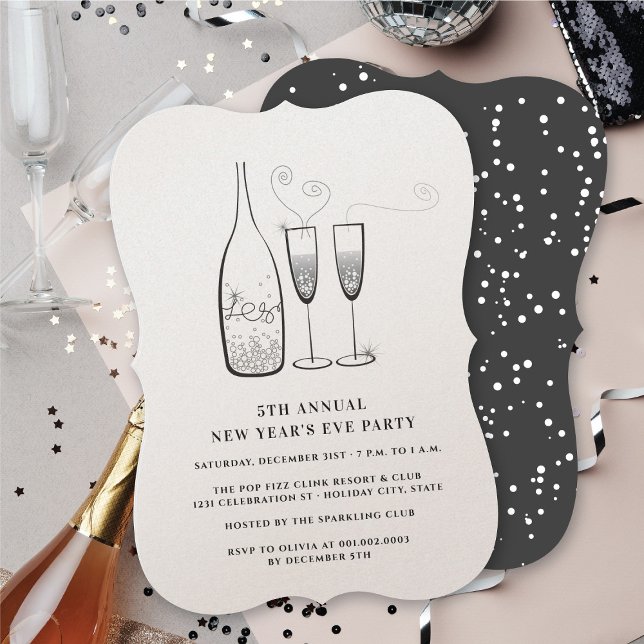 Convites Champanhe Prateado Anima Ano Novo Festa (Silver Champagne Cheers Annual New Year Eve Party Invitation @ fat_fa_tin)
