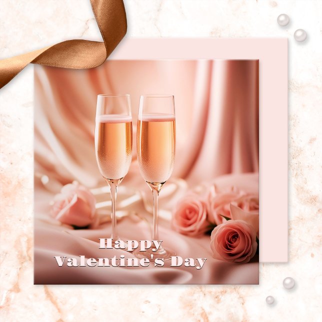Convites Champanhe Romântico e Feliz dia de os namorados de (Romantic Valentine's Day invitation featuring a pink scene with champagne and roses)