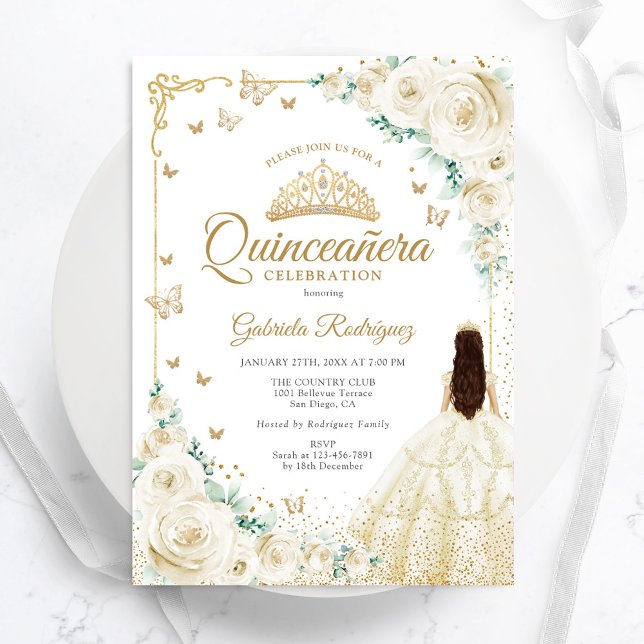 Convites Champanhe Rosas de marfim Dourado Quinceanera (Criador carregado)