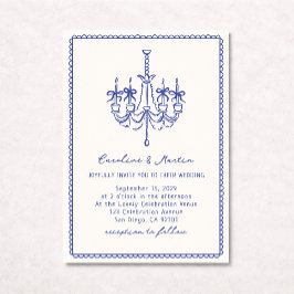 Convites Chandelier branco, casamento puxado pela mão azul