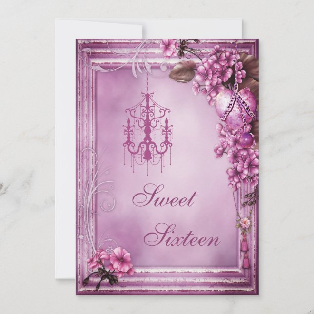 Convites Chandelier, Heart & Flowers Frame Sweet 16 (Frente)