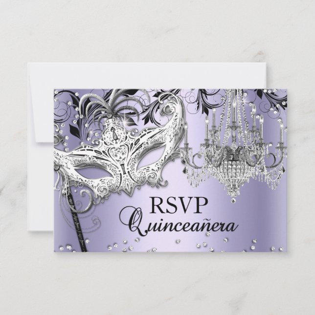 Convites Chandelier Mascarada Purple Quinceanera RSVP (Frente)
