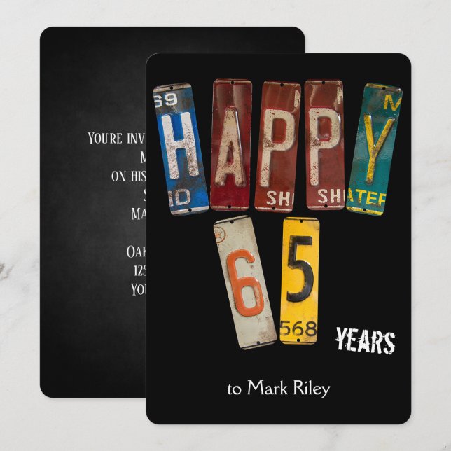 Convites Chapas de matrícula de 65° festa de aniversário (Frente/Verso)