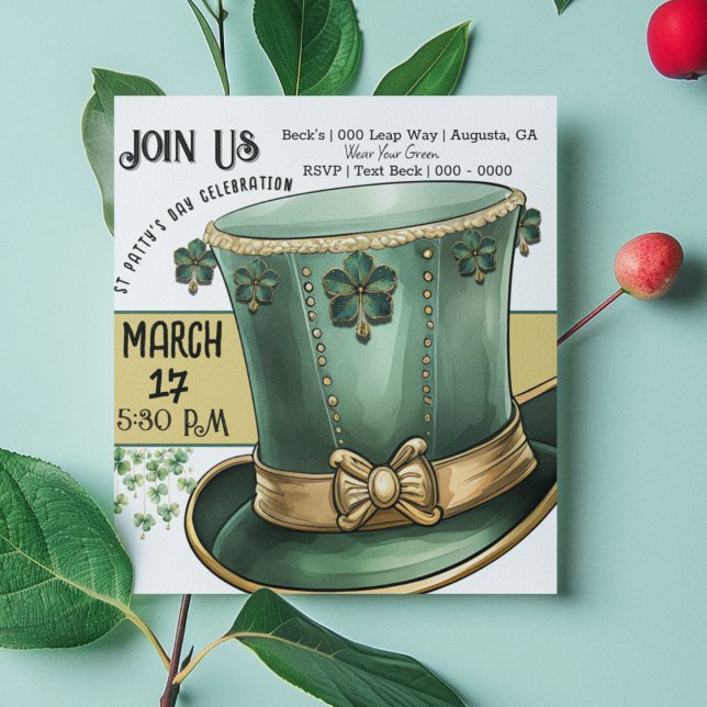 Convites Chapéu Alto Duende Verde e Dourado Dia de S. Patrí (St Paddy's Day customizable invitation featuring a cute top hat and fun jeweled shamrocks)