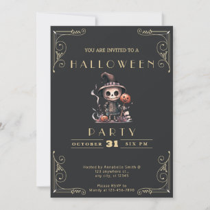 Convites Chapéu de Bruxa Ghoul Preto e Dourado Chalkboard H