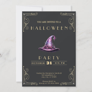 Convites Chapéu de Bruxa Preto e Dourado Chalkboard Hallowe
