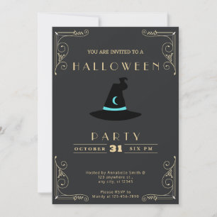 Convites Chapéu de Bruxas Preto e Dourado Chalkboard Lua Ha
