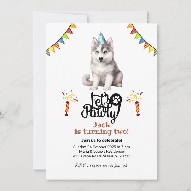Convites Chapéu de Cachorro Husky Siberiano Vamos Festejar  (Frente)