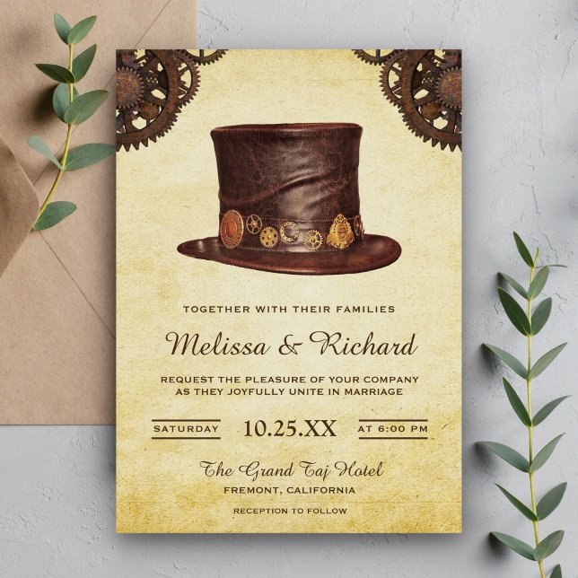 Convites Chapéu de Couro Rústico Vintage Casamento Steampun (Criador carregado)
