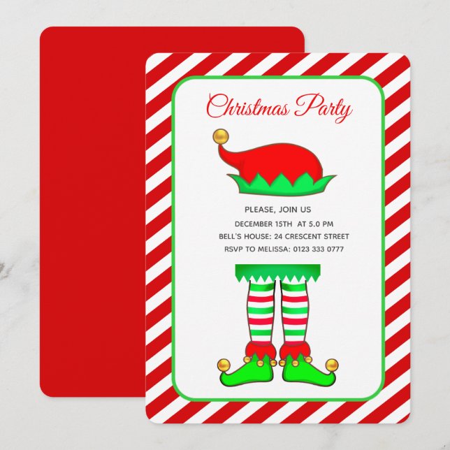 Convites Chapéu de Elfo de Natal em Natal Vermelho e Branco (Frente/Verso)