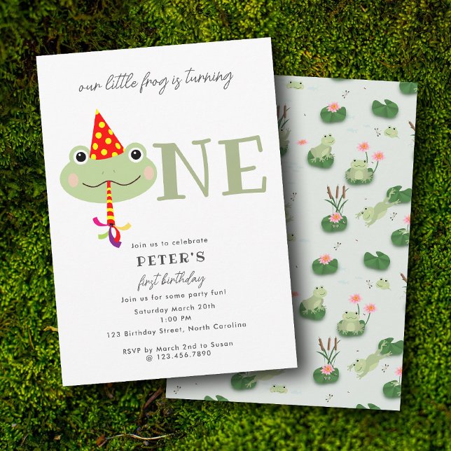 Convites Chapéu de festa de rã fofa para crianças no primei (Cute Frog Party Hat Kids First 1st Birthday Party Invitation)