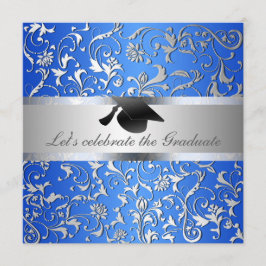 Convites Chapéu de Graduação Preto Padrão Floral Azul Silve