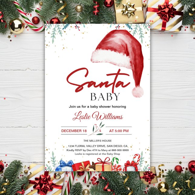 Convites Chapeu de Natal de Papai Noel Chuveiro de Bebê de  (Santa Hat Christmas Baby Shower Invitation)