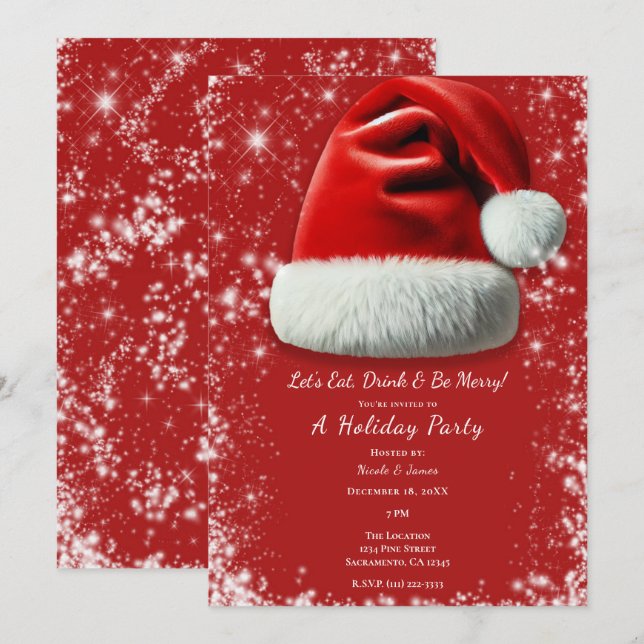 Convites Chapéu de Natal Vermelho com Brilho Festa de Natal (Frente/Verso)