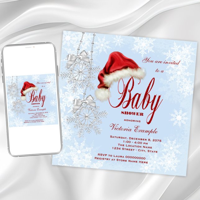 Convites Chapéu de Papai Noel e Flocos de Neve Chá de Bebê  (Cute Santa hat snowflake baby shower invitation. Instant download and printed invitations available.)