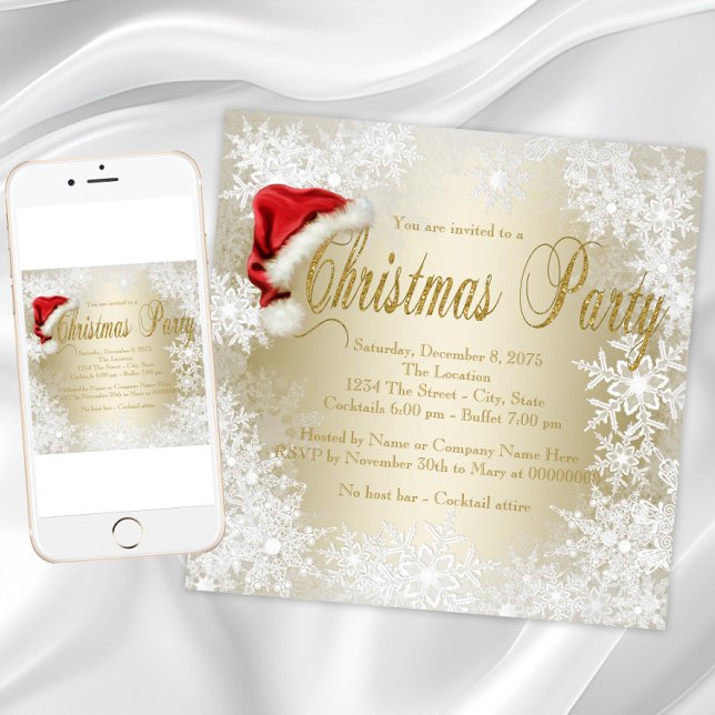 Convites Chapéu de Papai Noel Floco de Neve Festa de Natal (Gold snowflake Santa hat Christmas party invitation. Available for instant download and printed.)