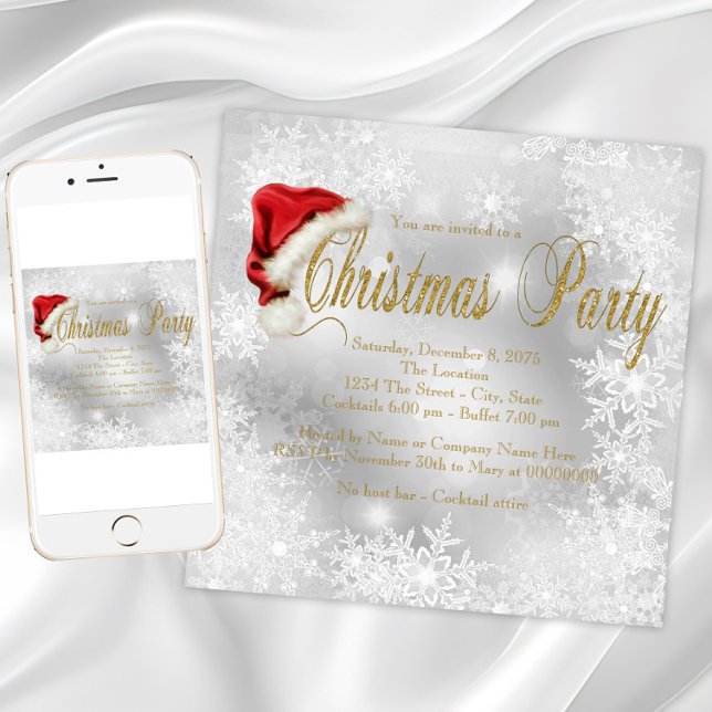 Convites Chapéu de Papai Noel Floco de Neve Festa de Natal (Santa hat snowflake Christmas party invitations. Instant download and printed invitations available.)