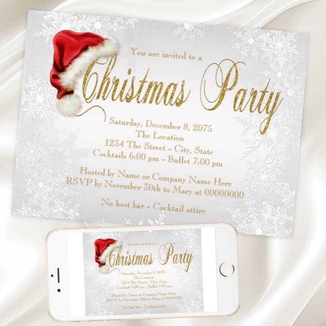 Convites Chapéu de Papai Noel Floco de Neve Prata Festa de  (Santa hat snowflake Christmas party invitation. Instant download and printed invitations available.)