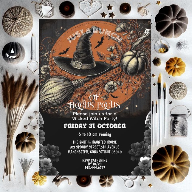 Convites Chapéu de Vassoura Hocus Pocus Vintage Festa da Br (Hocus Pocus Broom Hat Vintage Wicked Witch Party Invitation)