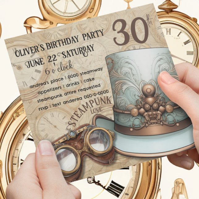 Convites Chapéu e óculos do Topo Steampunk | Aqua e cobre (Copper and aqua themed steampunk birthday party invitation with top hat and goggles. )