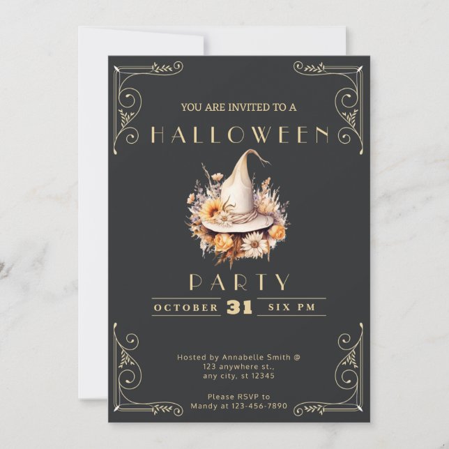 Convites Chapéu Negro e Dourado Chapéu de Bruxa (Frente)
